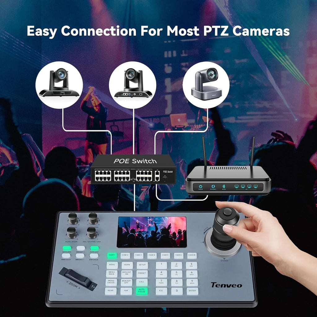 Tenveo NDI PTZ Camera Controller, 5 LCD, 4D Joystick, PoE, RS232