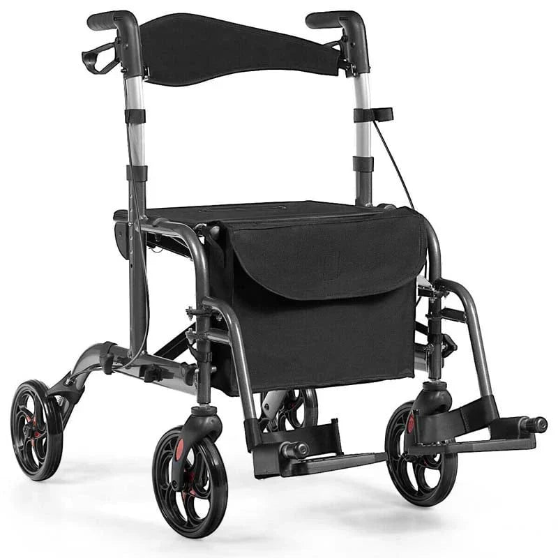 2 In 1 Rollator Walker Wheelchair Folding Medical Walker Aluminum Transport Chair Mobility Walking Aid - Comfortable And Ergonomic Design