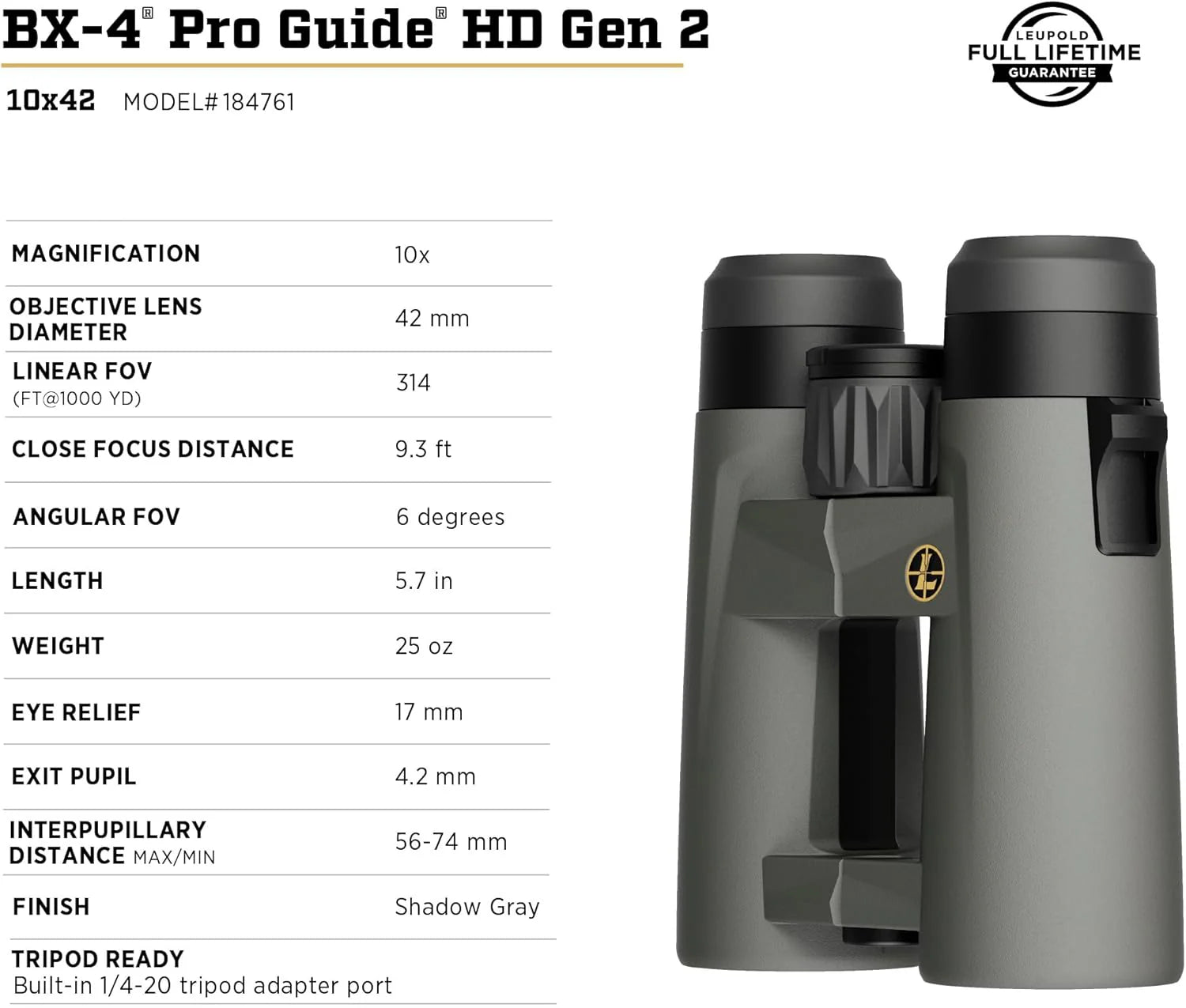 Leupold BX-4 Pro Guide HD Binoculars, 10x42mm Gen 2