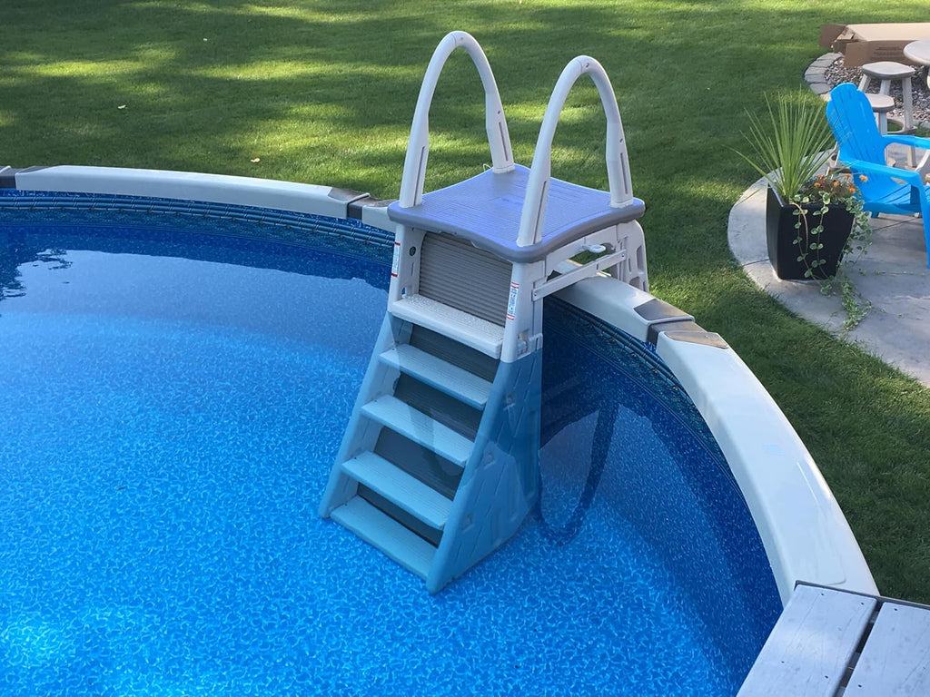 Confer Plastics 7200 Roll Guard 48 to 56 Adjustable A Frame Safety Ladder for Above Ground Outdoor Patio Swimming Pool Platform Ladder with Step Barrier, Warm Grey…