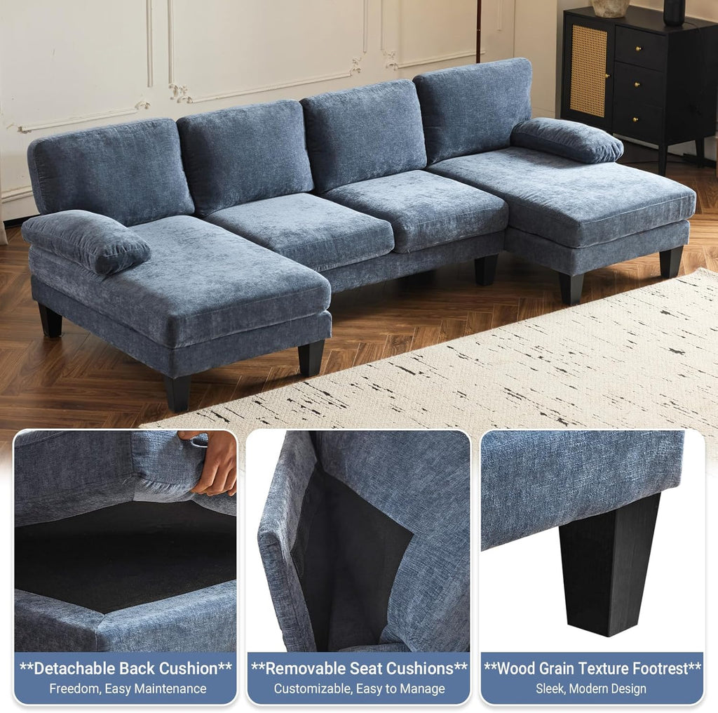 VINGLI 110 Sectional Couches for Living Room,U Shaped Couch with Double Chaise, 4-Seat Sofa Set with Chenille Fabric for Home Furniture,Beige