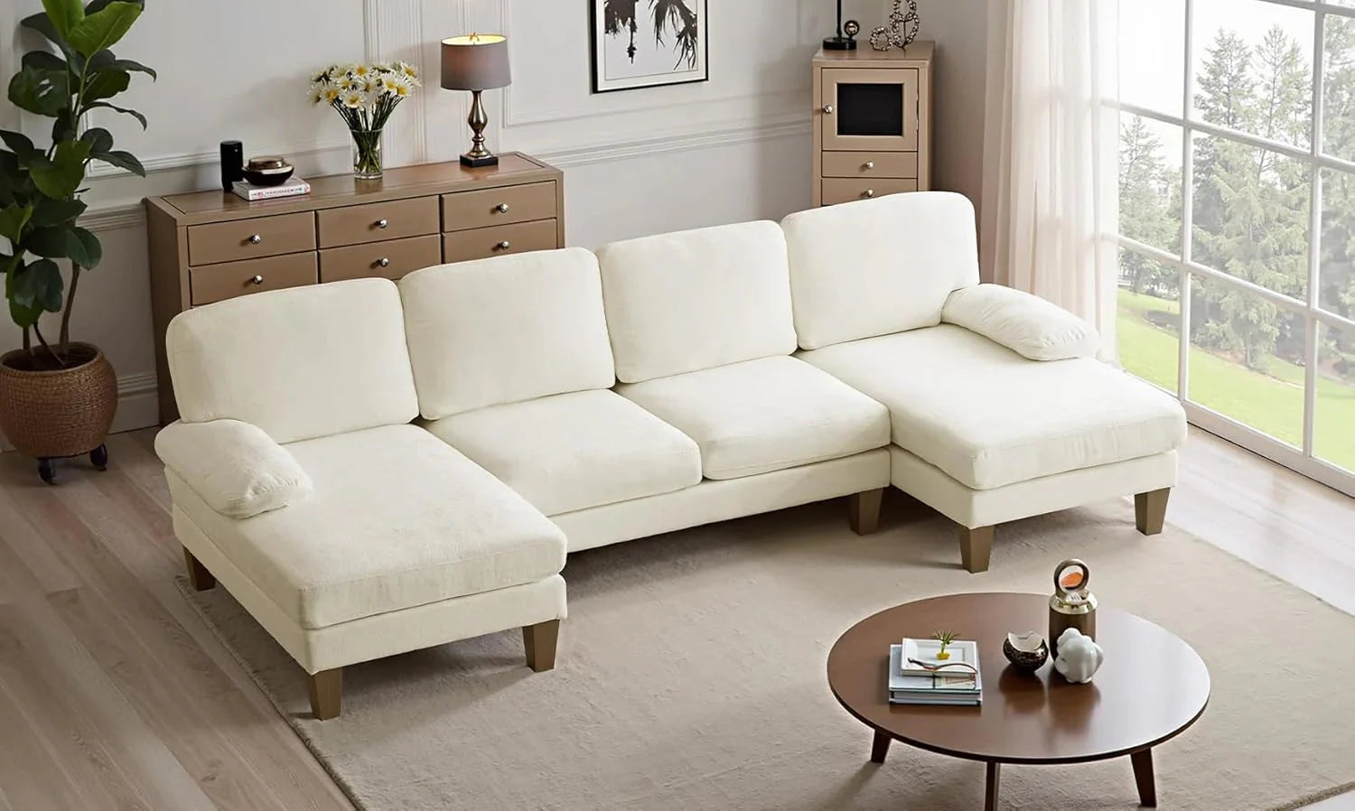 VINGLI 110 Sectional Couches for Living Room,U Shaped Couch with Double Chaise, 4-Seat Sofa Set with Chenille Fabric for Home Furniture,Beige