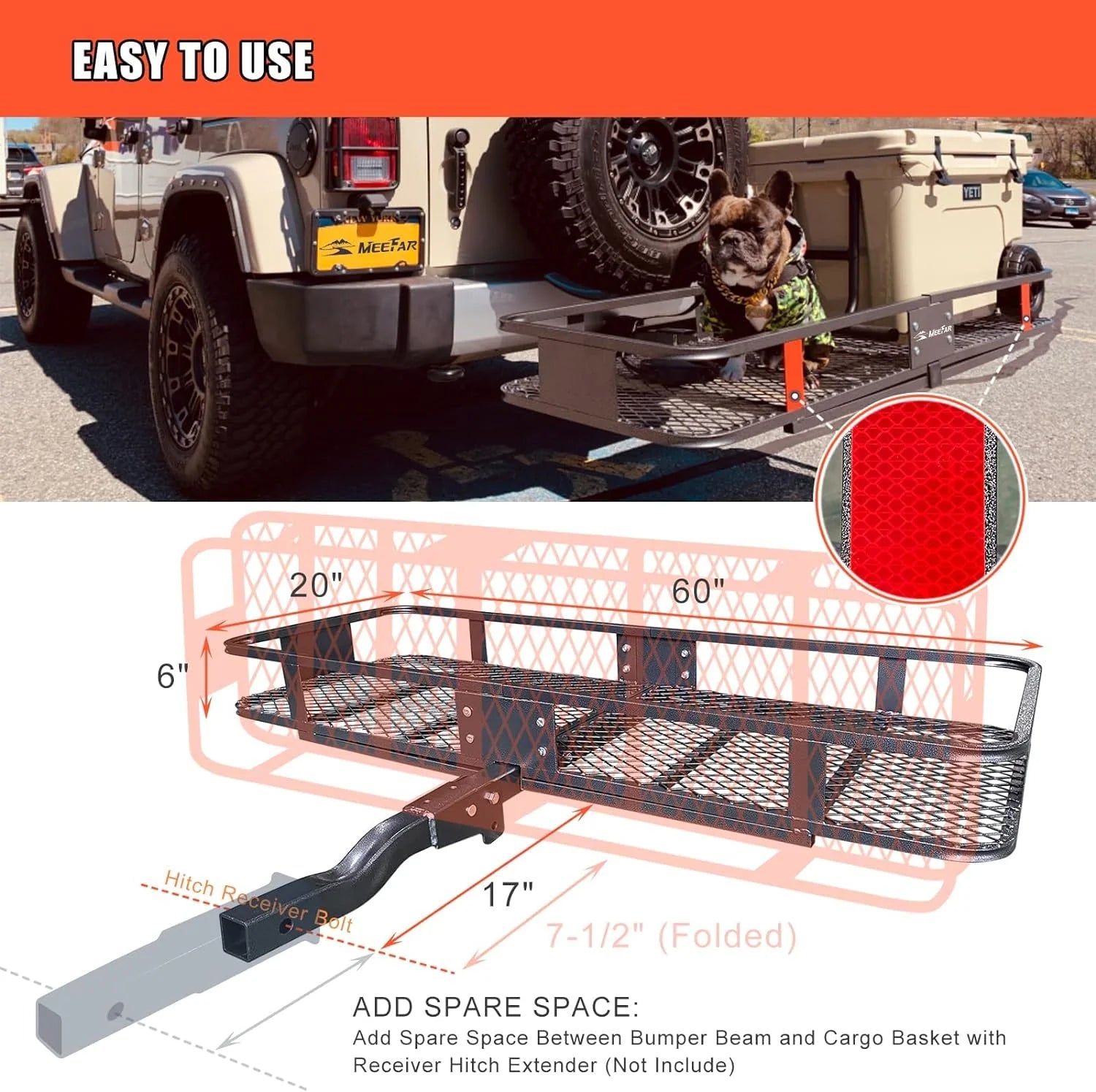 Folding hitch mounted cargo basket 60 With hook stabilizer, net and straps