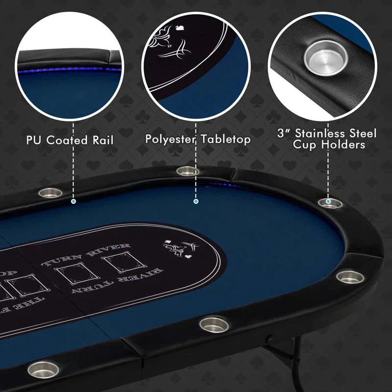 10 Players Folding Game Poker Table For Texas Card Games Casino Leisure Table With Cup Holder 4 Usb Ports Extra Lights