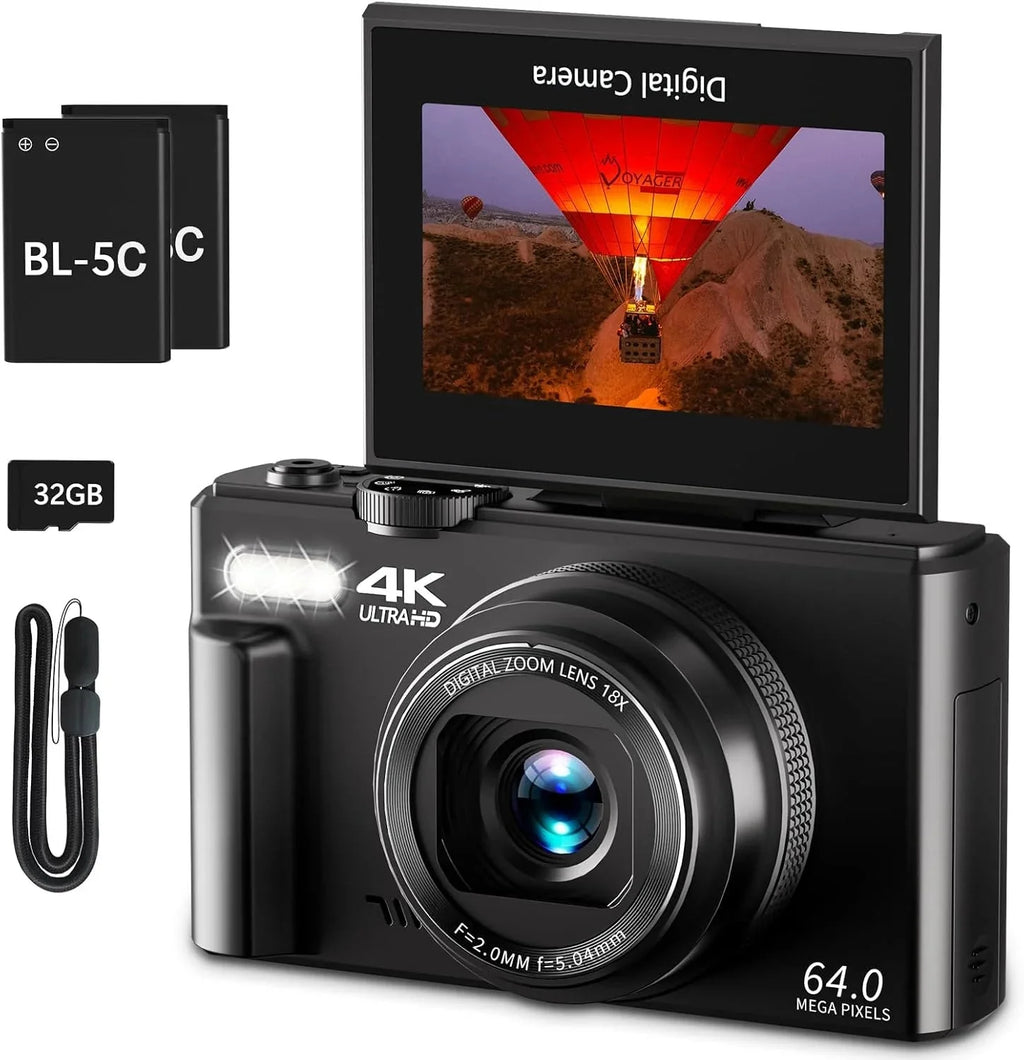 4K Digital Camera for Photography, 64MP Vlogging Camera for YouTube with 3 180° Flip Screen, 18X Digital Zoom Point and Shoot Camara with 32GB Micro SD Card for Beginner (Black)