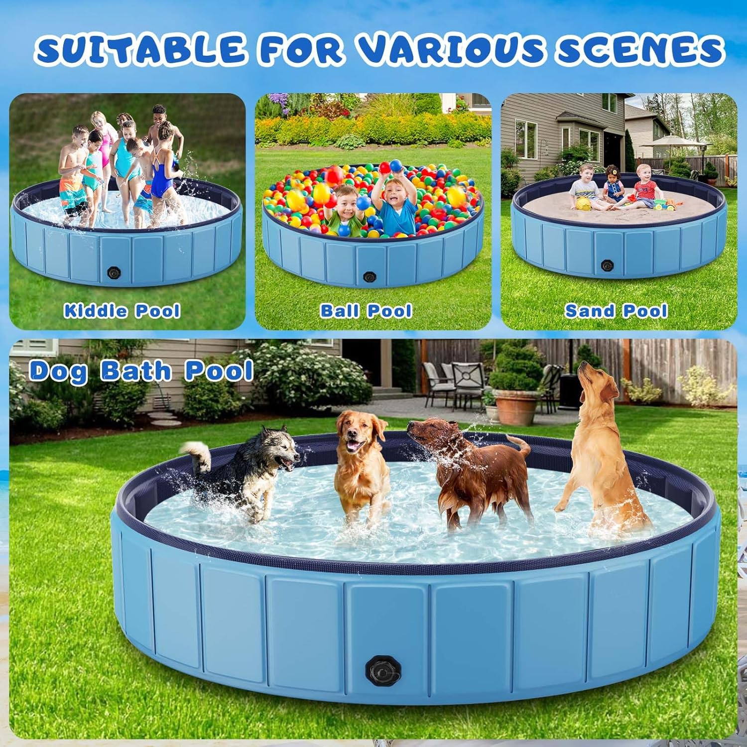 Foldable Dog Swimming Pool, 120x20 Oversize Collapsable Hard Plastic Potable Bathing Tub for Pet Dog Kiddie Pool Indoor and Outdoor Leakproof PVC Play Pool for Large Dogs Pets Puppy Kids Blue