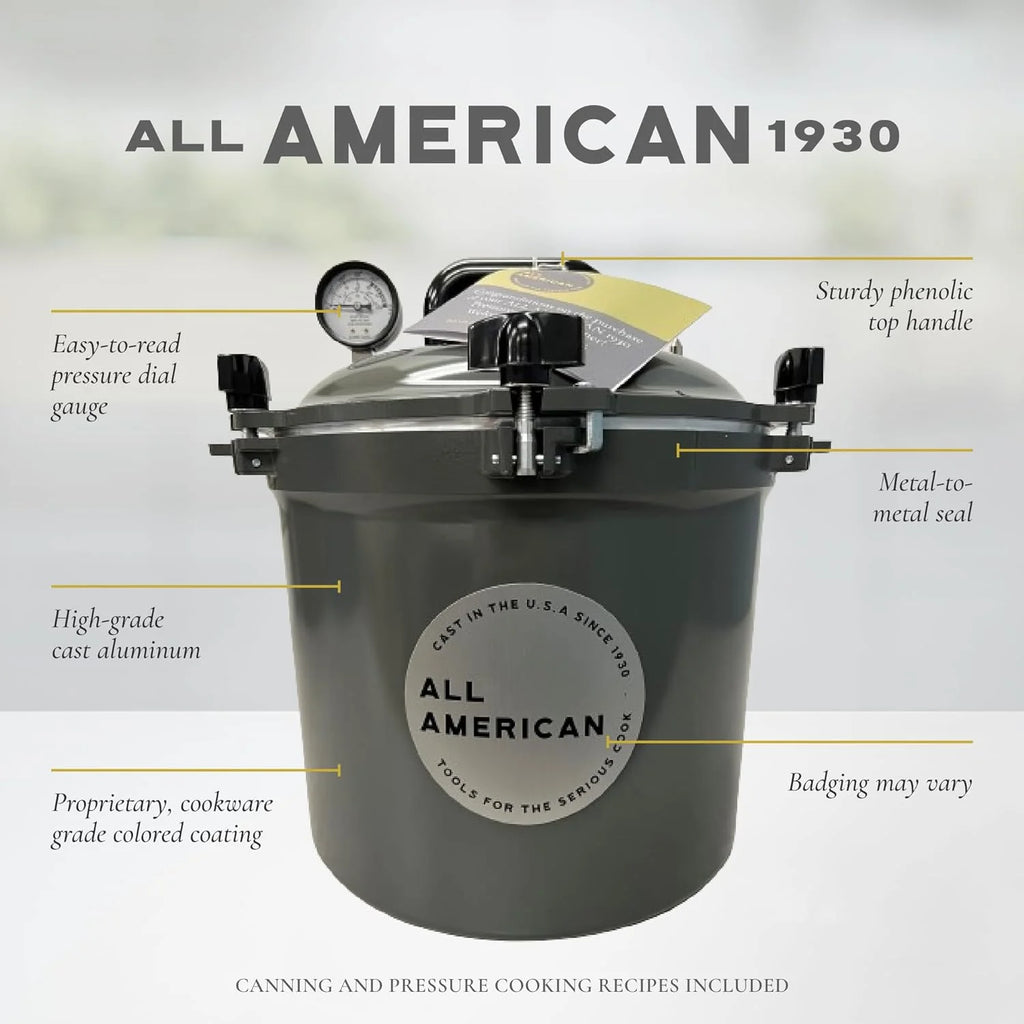 All American 1930: 21.5qt Pressure Cooker/Canner (The 921) – Exclusive Metal to Metal Sealing System – Easy to Open & Close – Suitable for Gas, Electric, or Flat Top Stoves – Made in the USA