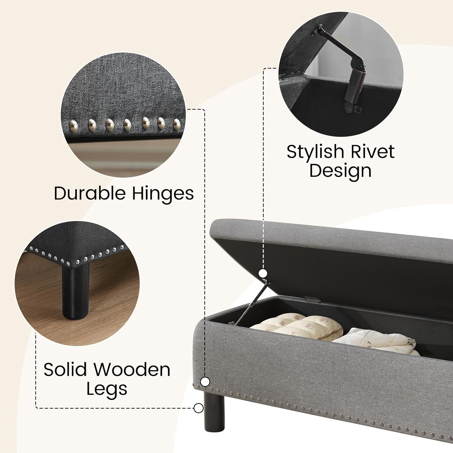 Furniliving Modern Storage Ottoman Bench, Sherpa Ottoman End of Bed Bench with Solid Wood Legs Upholstered Ottoman Benches with Storage Indoor Bench for Living Room with Rolled Arm, Entryway, White