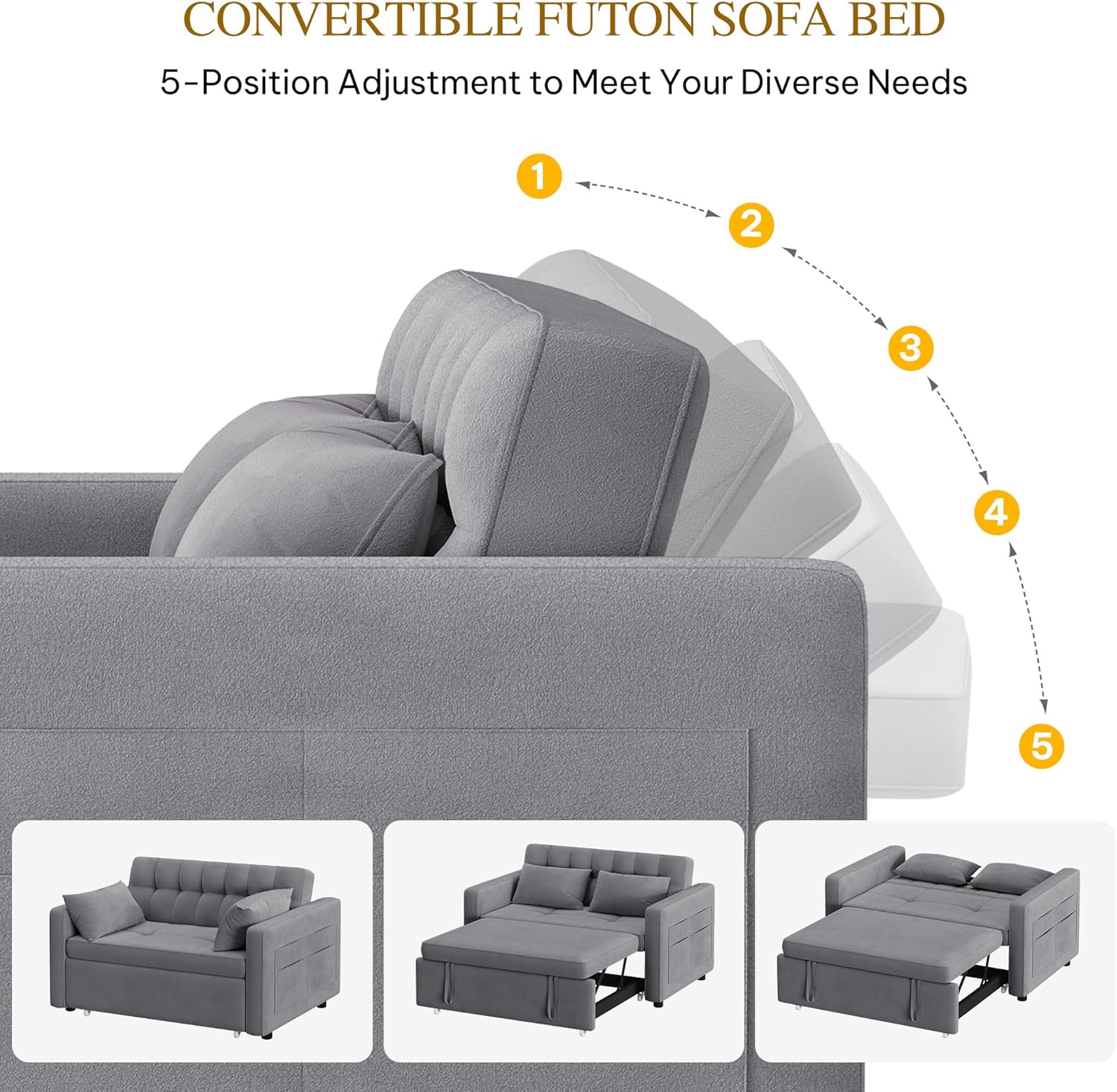 DWVO 3-in-1 Convertible Sofa Bed, 55 Sleeper Sofa with Pull-Out Bed, Cat-Scratch-Proof Fabric Futon Couch with Adjustable Backrest and Side Pocket, Loveseat for Living Room Apartment, Grey