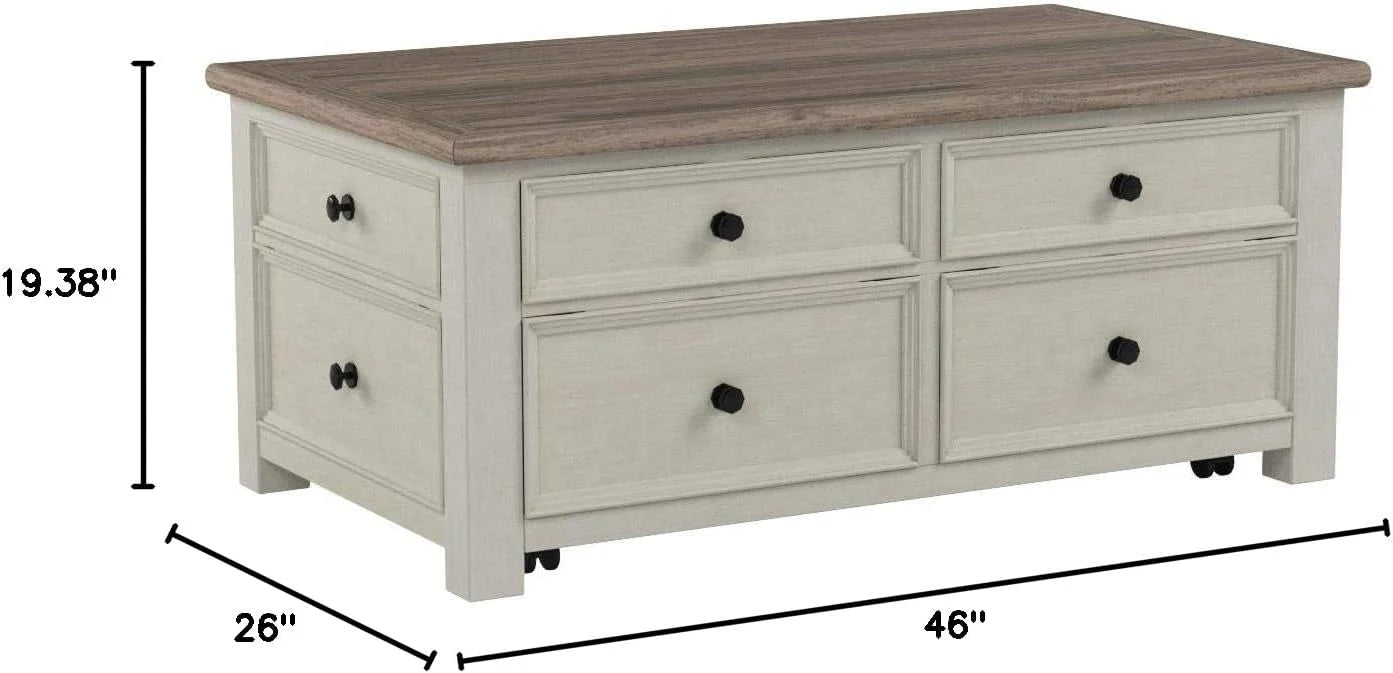 Ashley Bolanburg Lift Top Coffee Table with Drawers, Antique Cream & Brown