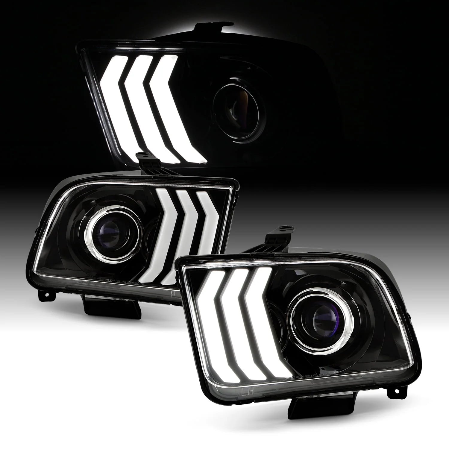 AKKON - Fits 2005-2009 Ford Mustang LED Tube DRL Parking Halogen Type Projector Black Headlights Pair Driver+Passenger