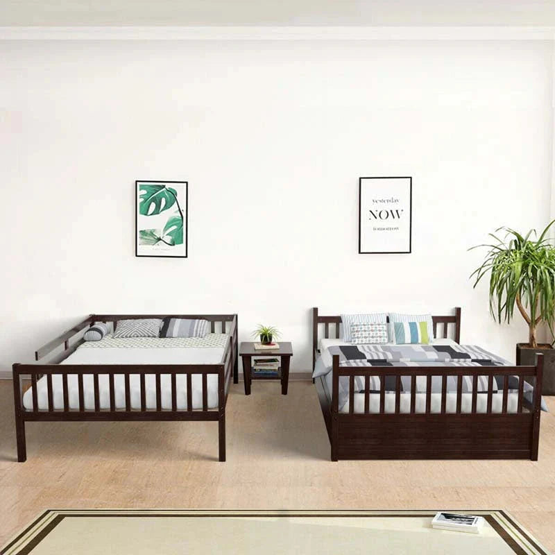 Solid Wood Full Over Full Bunk Bed Frame With Trundle Safety Ladder Amp Guardrails Convertible Bunk Bed For Kids Teens