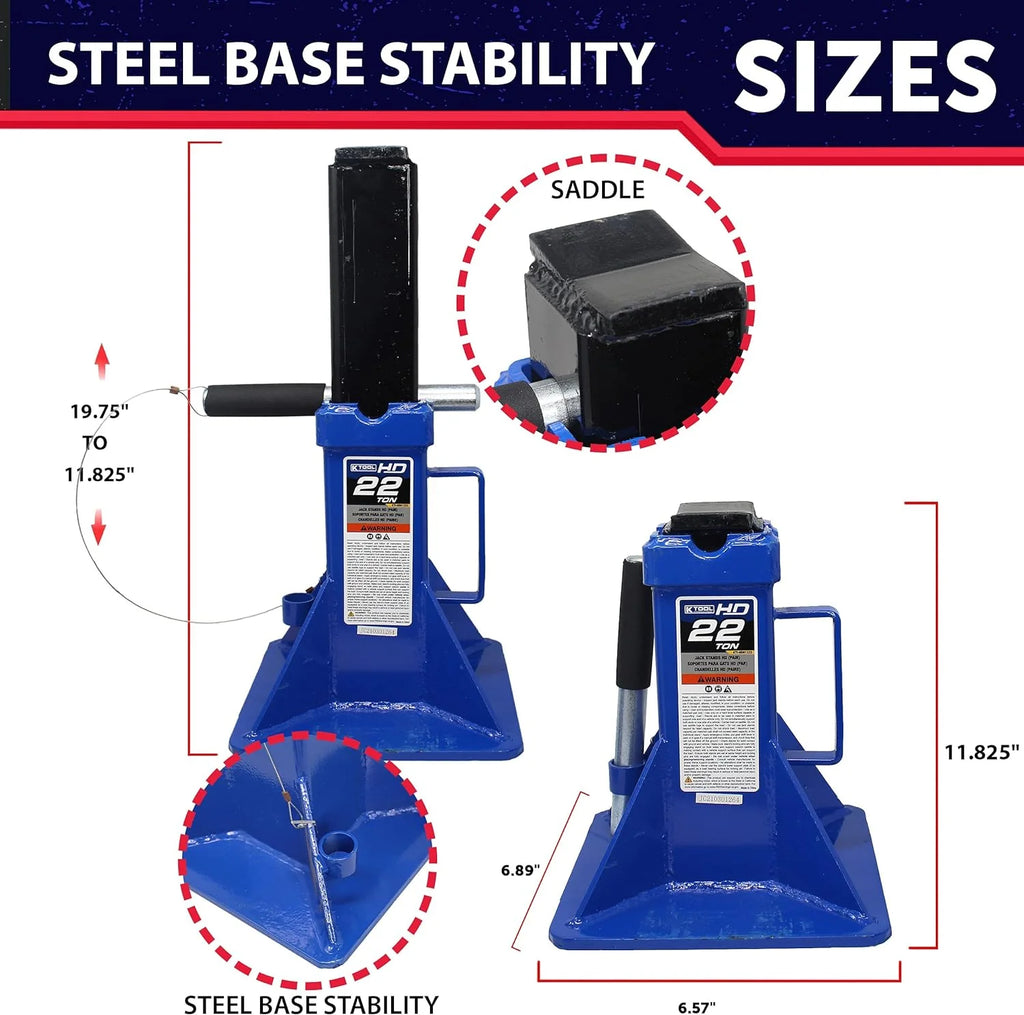 HD61222 22 Ton Automotive Jack Stands for Garages, Repair Shops, and DIY, Pin Style, V Shaped Saddle, Heavy Duty Steel Frame, Adjustable Height 11.825- 19.725, Black/Blue, Pair