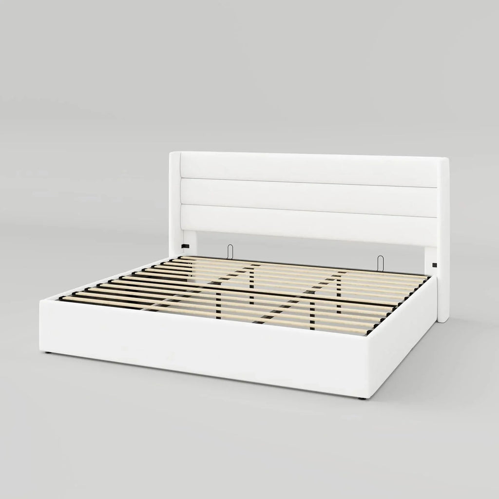 Allewie Queen Size Lift Up Storage Bed, Modern Wingback Headboard, Hydraulic Support, No Box Spring Needed, Light Beige