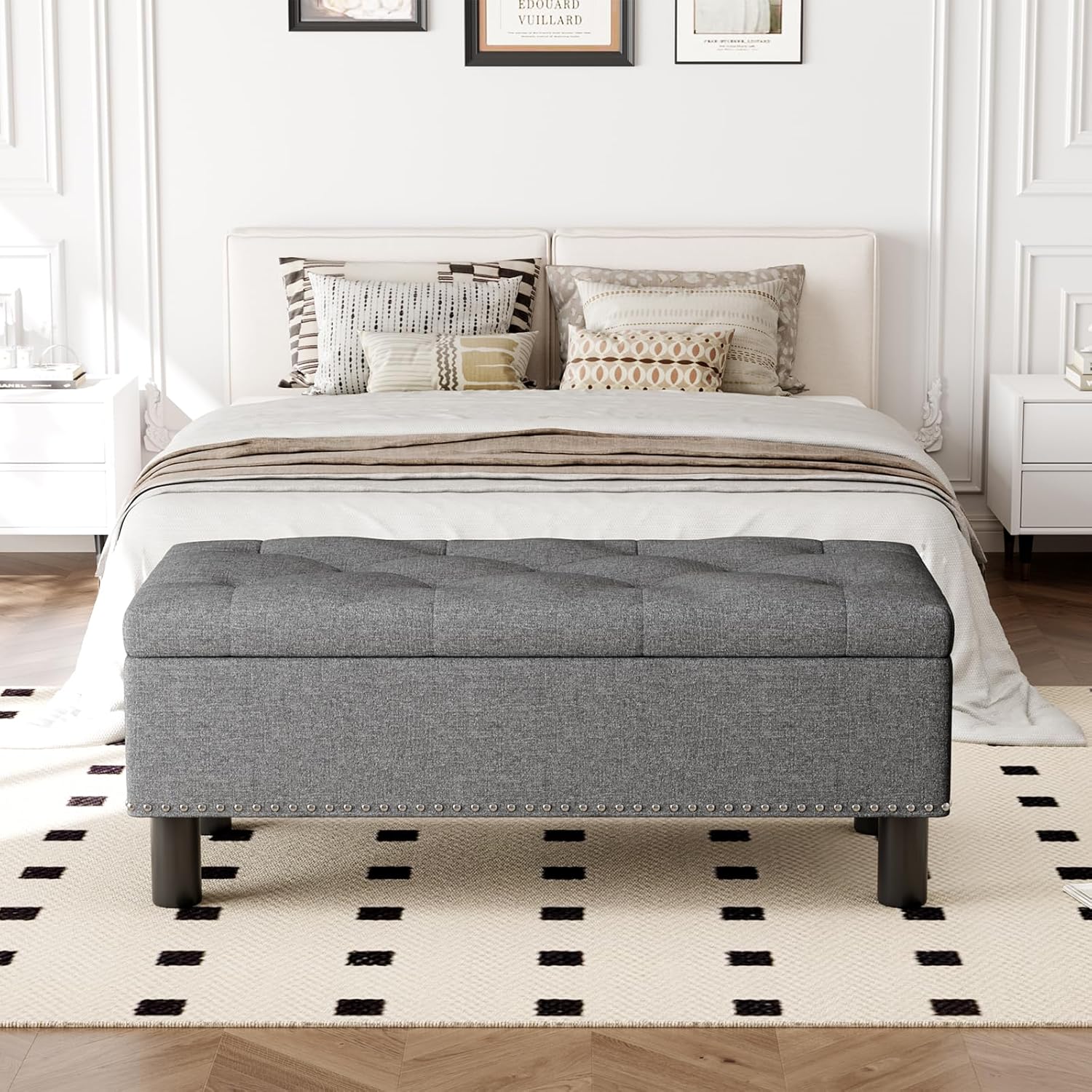 Furniliving Modern Storage Ottoman Bench, Sherpa Ottoman End of Bed Bench with Solid Wood Legs Upholstered Ottoman Benches with Storage Indoor Bench for Living Room with Rolled Arm, Entryway, White