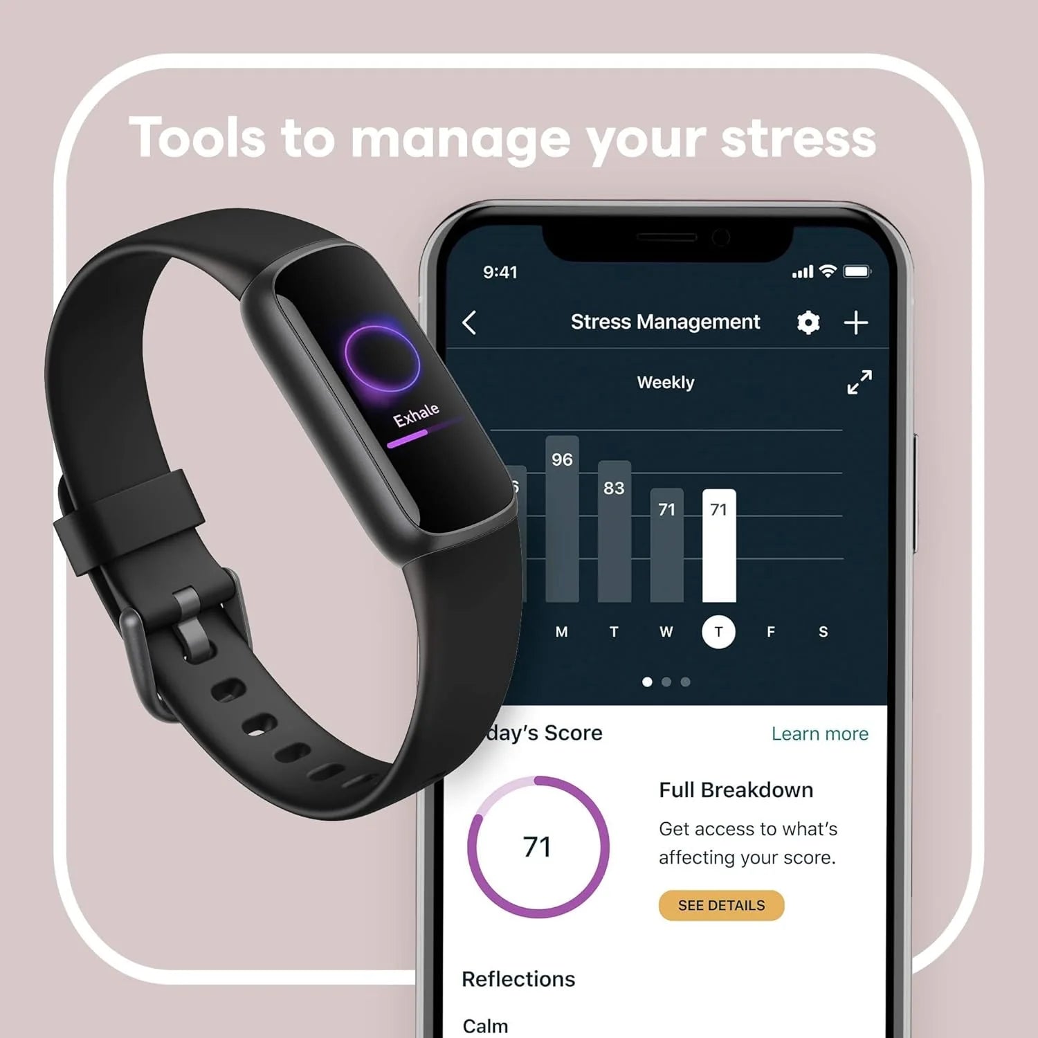 Fitness and Wellness-Tracker with Stress Management, Sleep-Tracking and 24/7 Heart Rate, One Size S L Bands Included, Lunar White/Soft Gold Stainless Steel, 1 Count