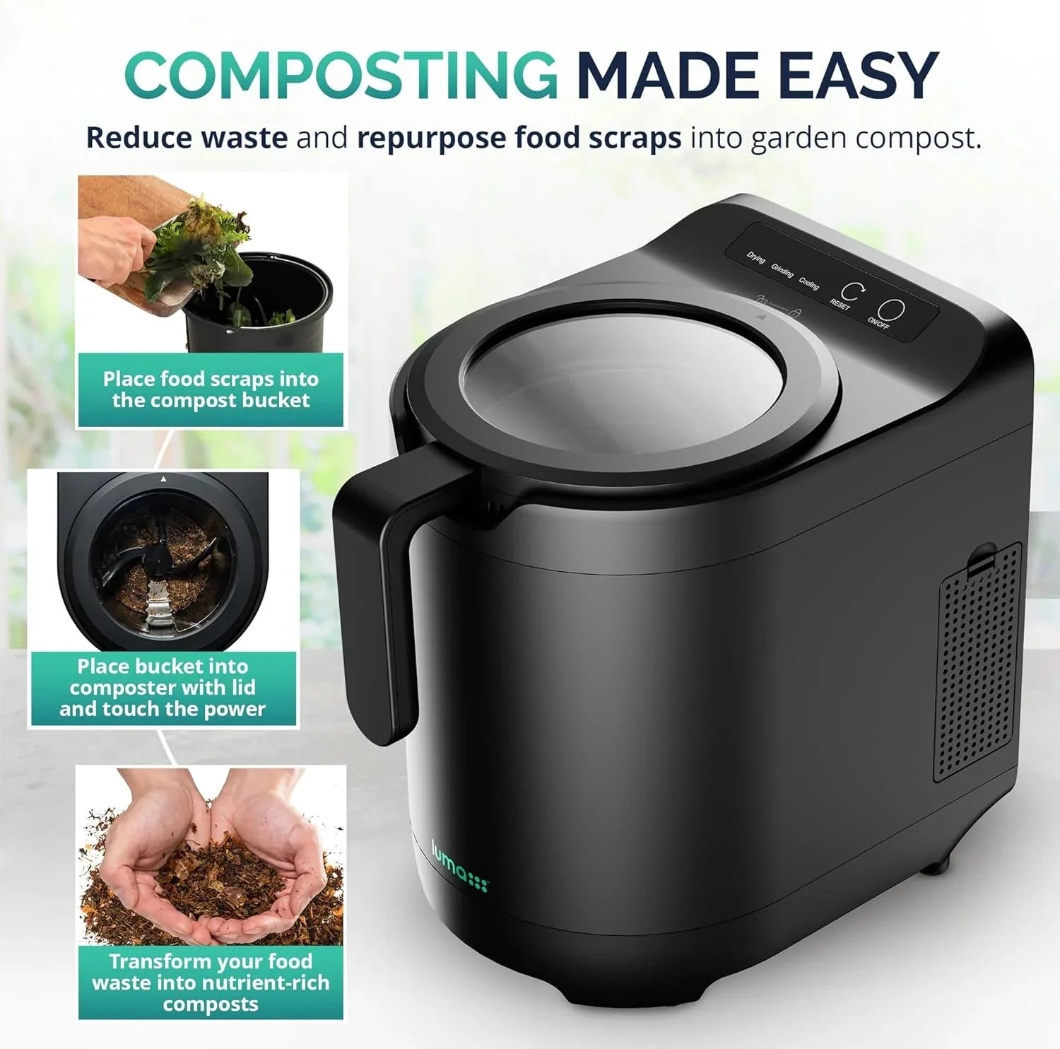 Electric Kitchen Composter 2.5L – Odorless Countertop Bin with Clear-View Lid, Smart Food Waste Disposal
