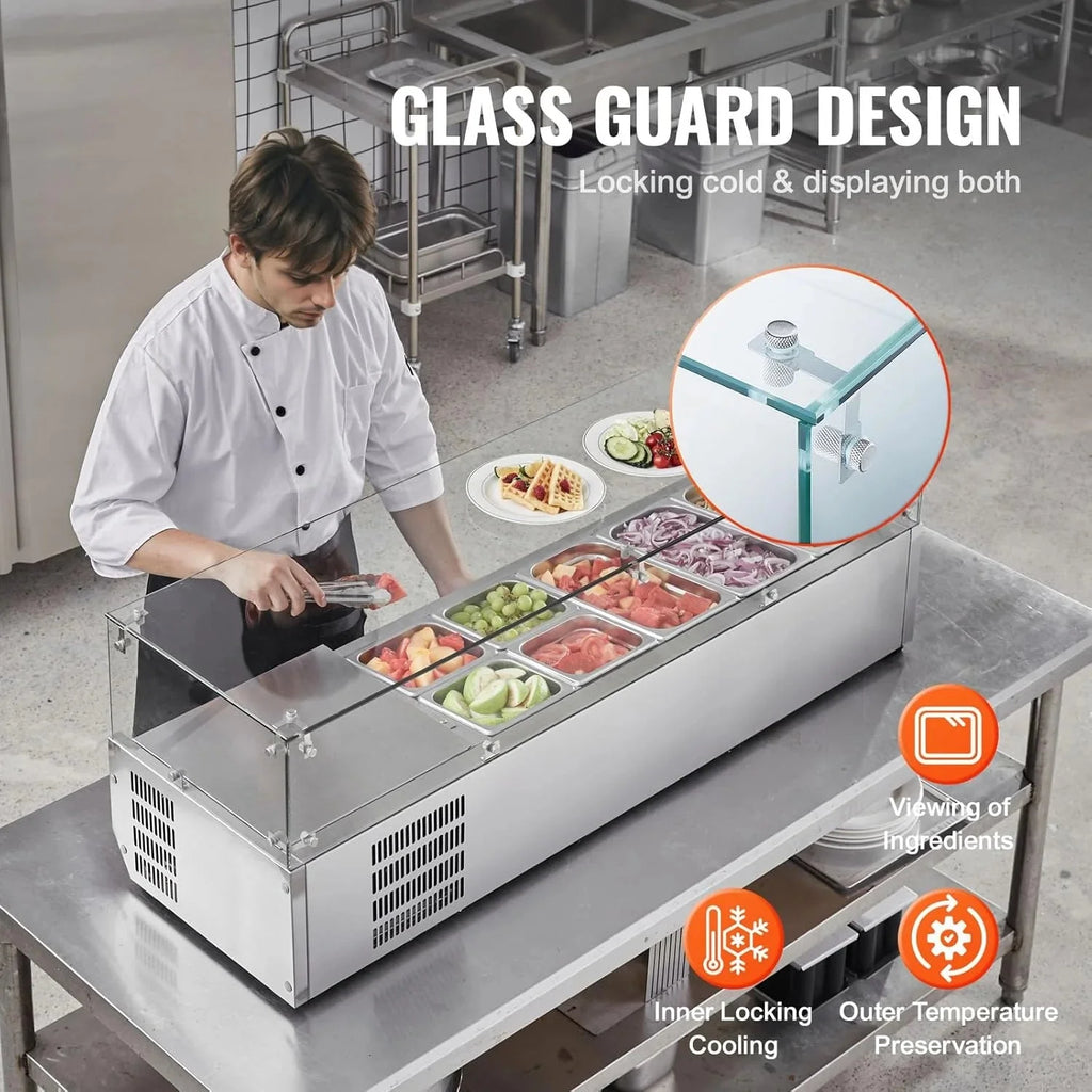 Refrigerated Condiment Prep Station, 135 W Countertop Refrigerated Condiment Station, with 2 1/3 Pans & 4 1/6 Pans, 304 Stainless Body and PC Lid, Sandwich Prep Table with Stainless Guard, ETL