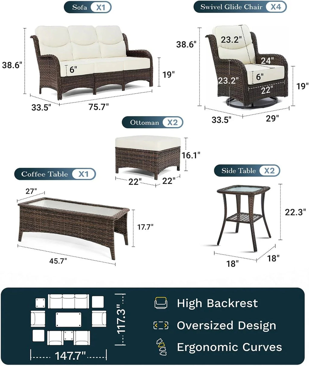 Outdoor Swivel Rocker Patio Chairs with 6-Inch Thick Cushions and Side Table, 3PCS High Back Wicker Patio Furniture Set for Porch, Balcony, Deck and Yard in Blue