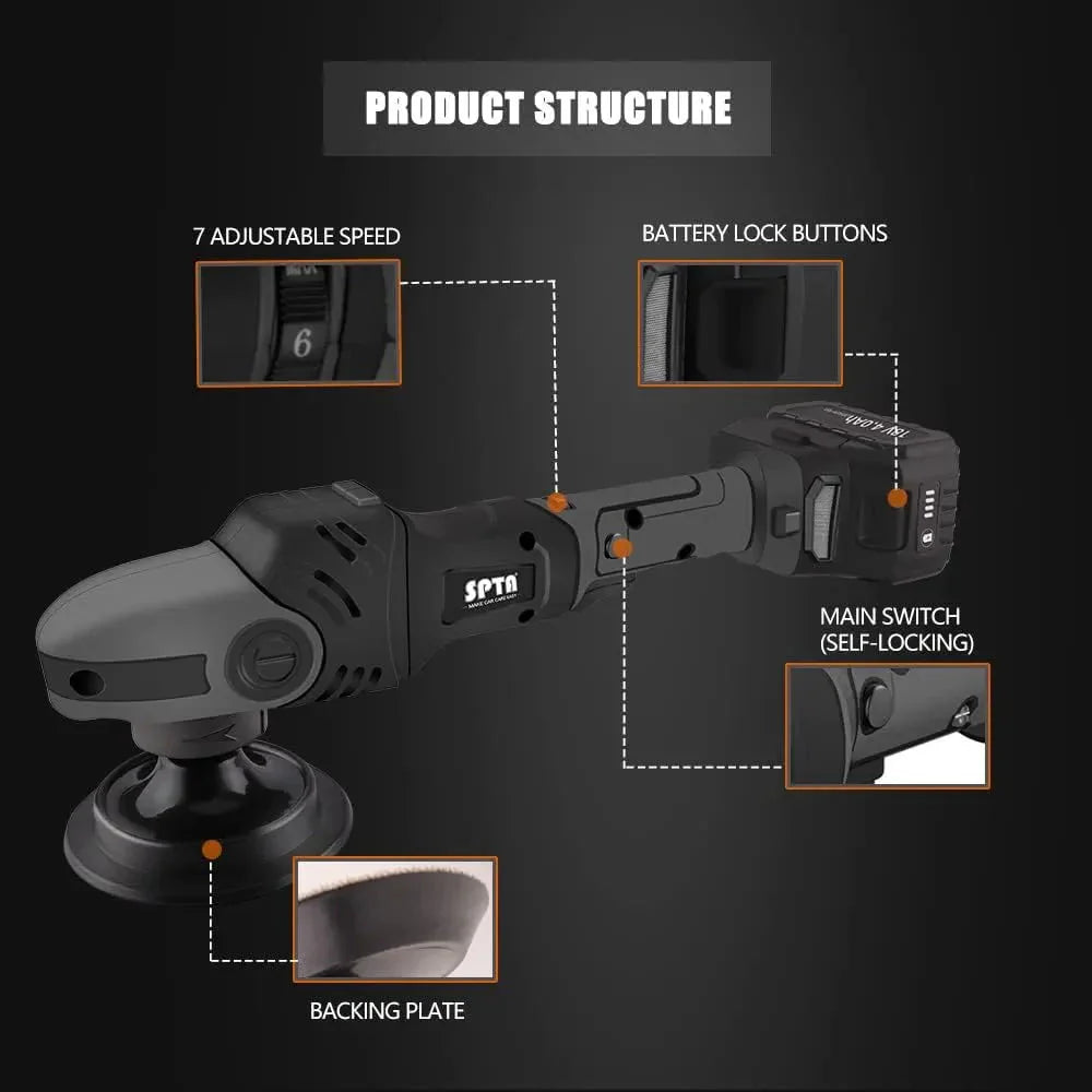 18V Cordless Car Polisher, 15mm Orbit 2000-4800 OPM Portable Buffer Polisher with 7 Variable Speed 2Pcs 4.0Ah Battery, 6 Sponge Pads,2 Wool Pad, Tool Bag for Car Polishing, Waxing