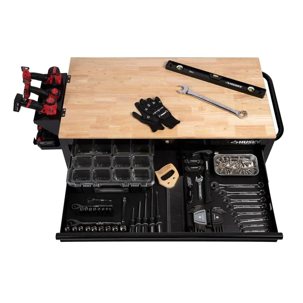46-in W x 24.5-in D 9-Drawer Mobile Workbench with Hardwood Top and Power Station ?? Gloss Black