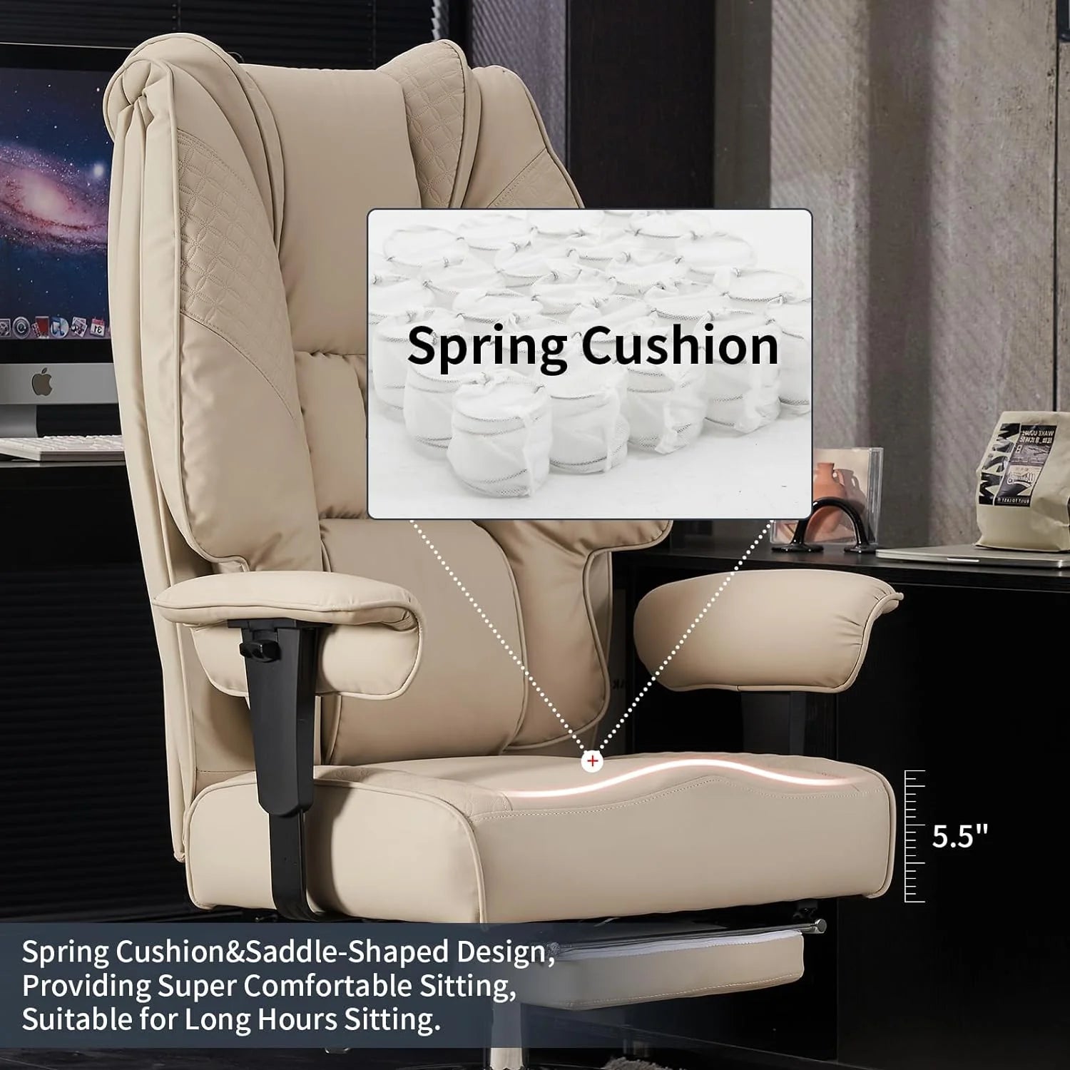 Large Tall Office Chair 400 lbs Wide Seat, Leather High Back Executive Office Chair with Footrest, Ergonomic Office Chair Lumbar Support to Relieve Lower Back Pain (Beige)