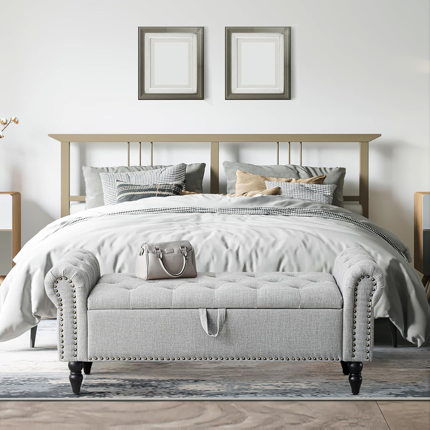 Furniliving Modern Storage Ottoman Bench, Sherpa Ottoman End of Bed Bench with Solid Wood Legs Upholstered Ottoman Benches with Storage Indoor Bench for Living Room with Rolled Arm, Entryway, White