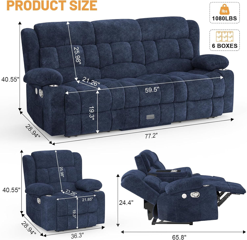 3 Seat Reclining Sofa with Storage Drawer USB Ports & Cup Holders Manual Couch