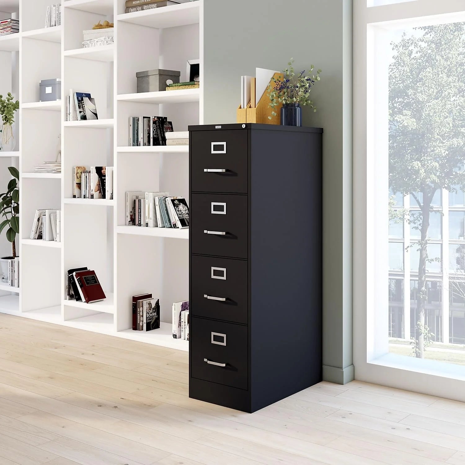 STAPLES 4-Drawer File Cabinet, Lockable, Black, 25D x 15W