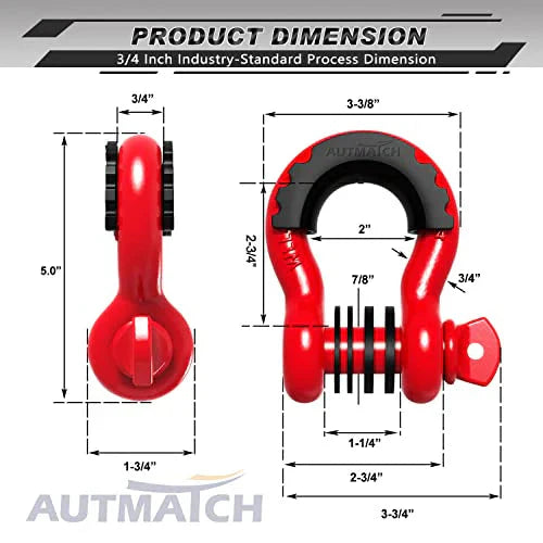 AUTMATCH D Ring Shackle 3/4 Shackles (2 Pack) 41,887Ibs Break Strength with 7/8 Screw Pin