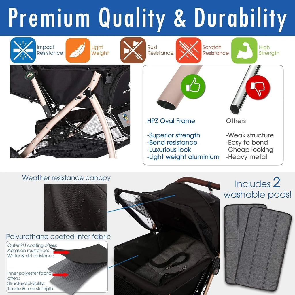 Pet Rover Premium Heavy Duty DogCat Stroller Travel Carriage CompartmentZipperless EntryPump-Free Rubber Tires Small, Medium, Large Pets (Black 2nd-Gen.), X-Large (Pack of 1)