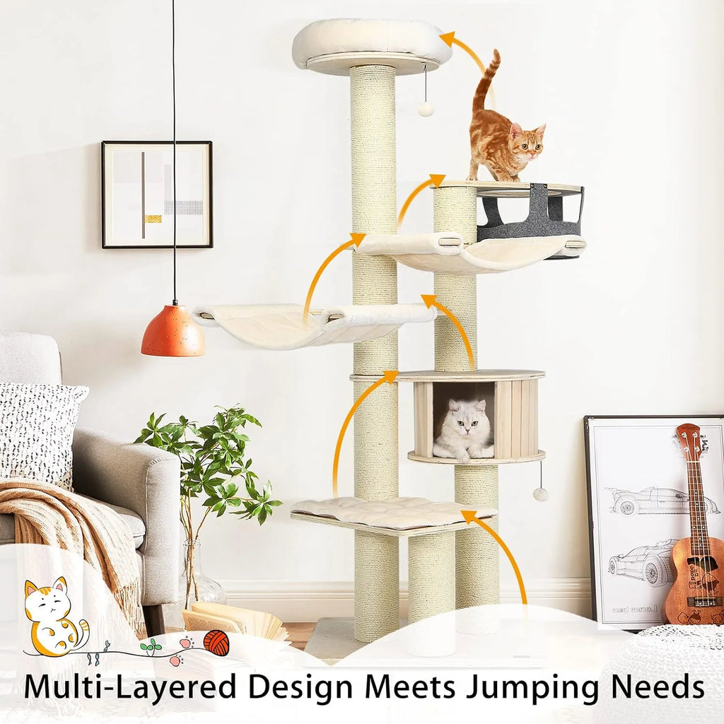 Large cat tree, multi-level tower with sisal posts, hammock, hanging basket and removable washable mats, perfect for large cats