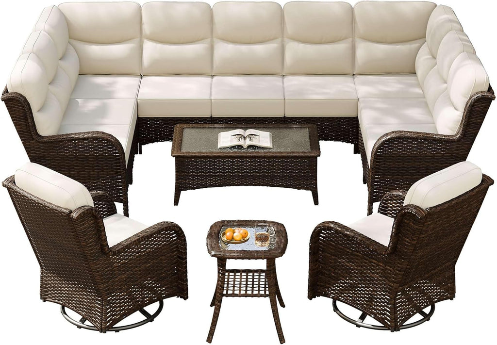 Outdoor Swivel Rocker Patio Chairs with 6-Inch Thick Cushions and Side Table, 3PCS High Back Wicker Patio Furniture Set for Porch, Balcony, Deck and Yard in Blue