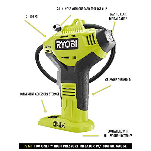 RYOBI ONE+ P737D Cordless Inflator with Digital Gauge, 18V Lithium-Ion Battery, 150 PSI, Portable Pump