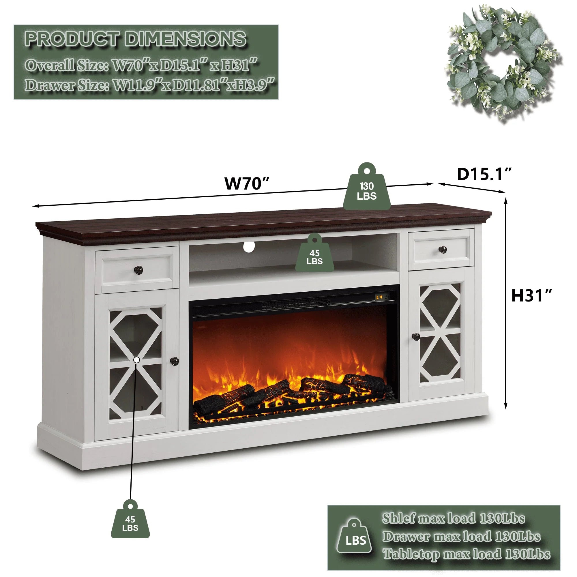SinCiDo Farmhouse Fireplace TV Stand with 36 Electric Fireplace for 80 Inch TVs, 31 Tall Entertainment Center w/Drawer & Diamond Panel Door, Highboy Media Console for Living Room, 70inch, White
