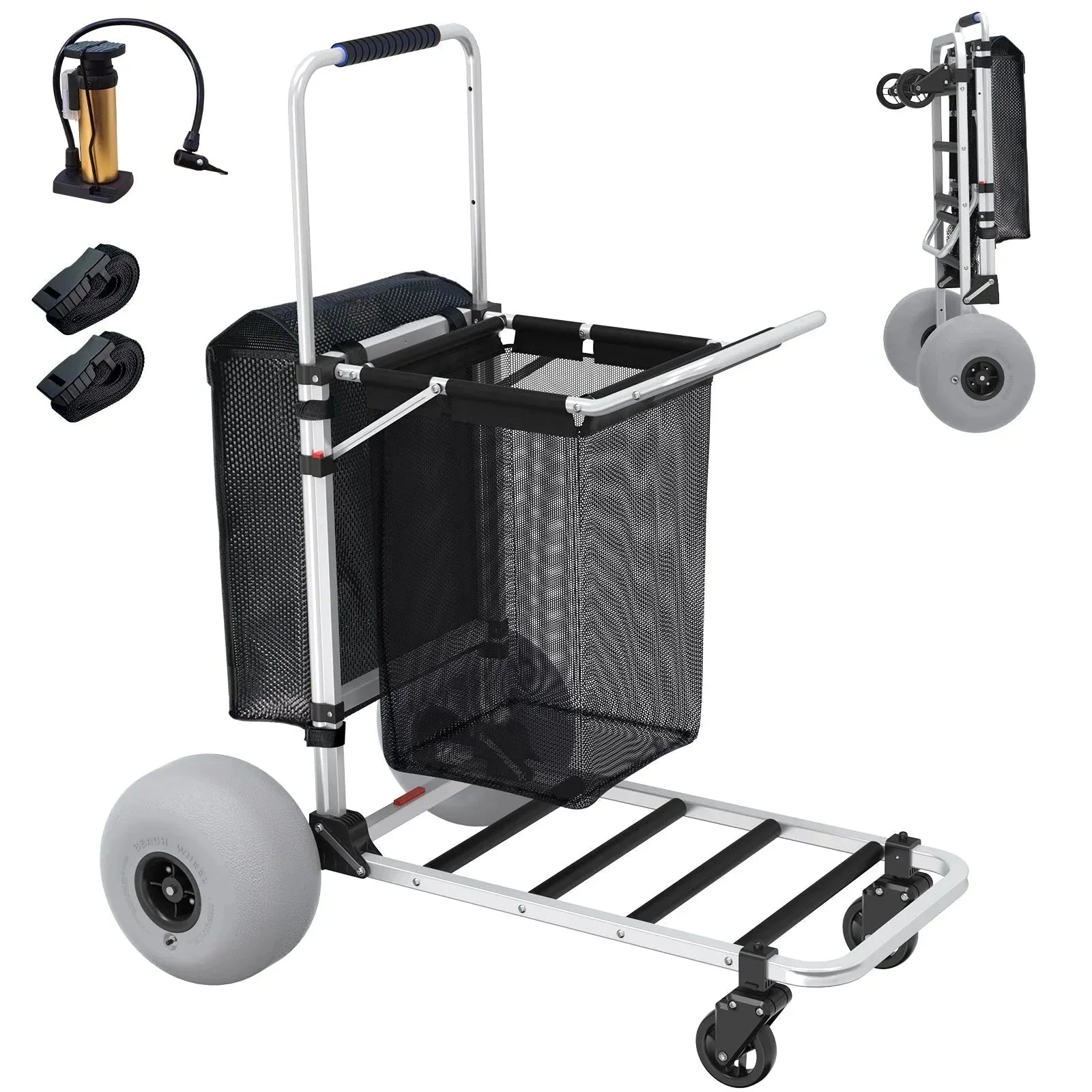 GDLF Foldable Beach Cart with Adjustable Handle and 12 Balloon Wheels, Heavy Duty Aluminum 220LBS Capacity