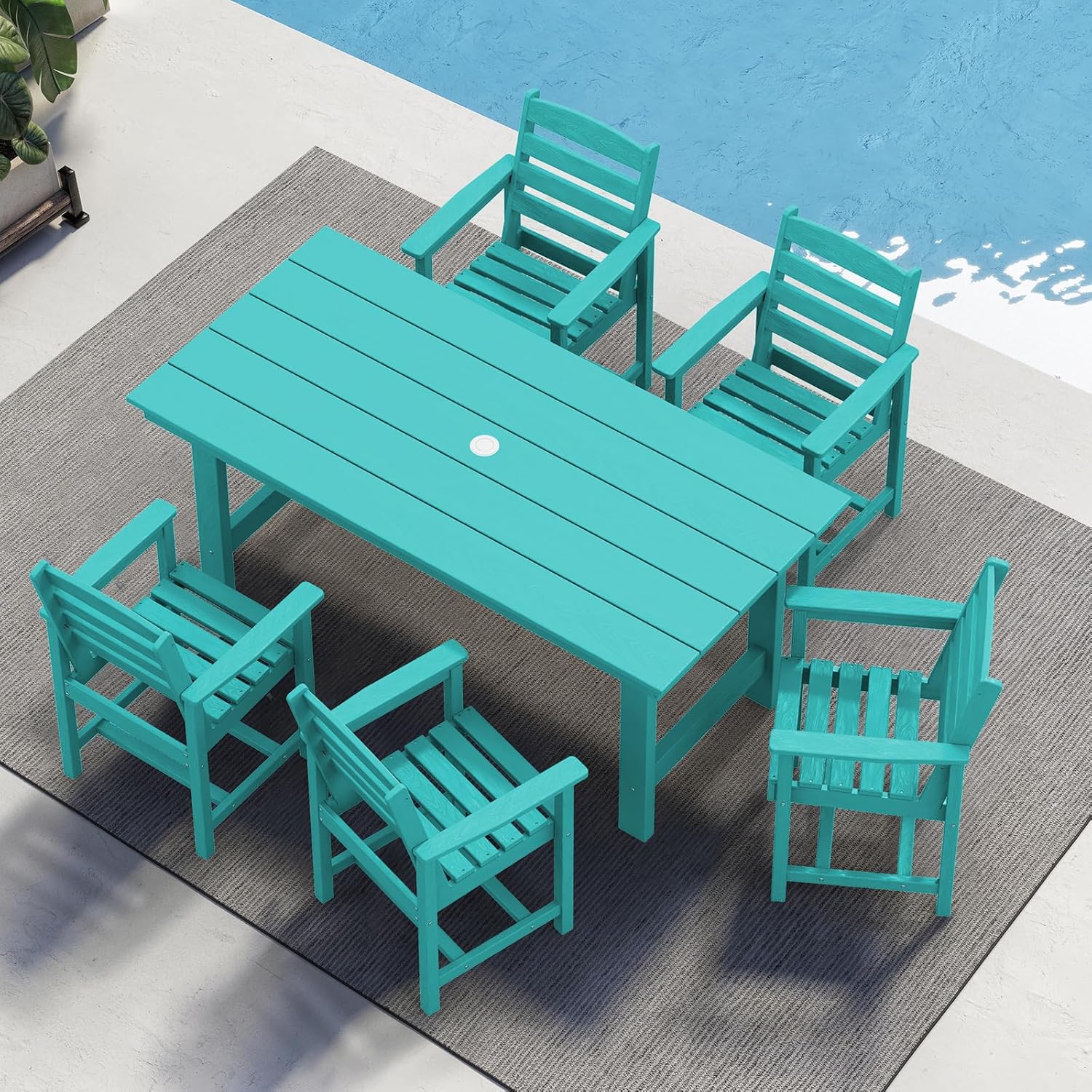 SERWALL 7-Piece Patio Table Set, Outdoor HDPE Dining Furniture with Umbrella Hole, All Weather Table and Chairs for Lawn, Garden, Poolside, Aruba