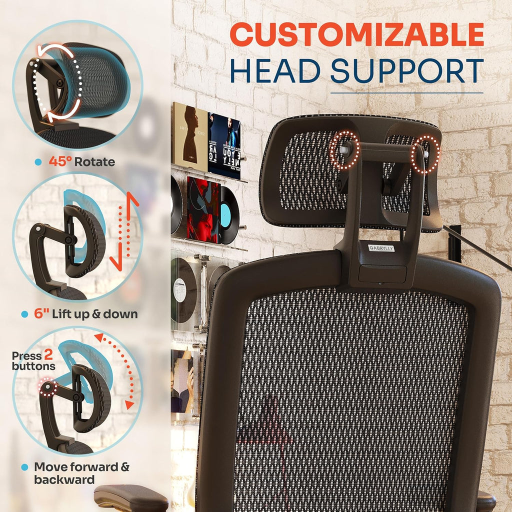 GABRYLLY Ergonomic Office Chair, High Back Home Desk Chair with Headrest, Flip-Up Arms, 90-120° Tilt Lock and Wide Cushion, Big and Tall Mesh Chairs for Man Woman, Black Task Chair