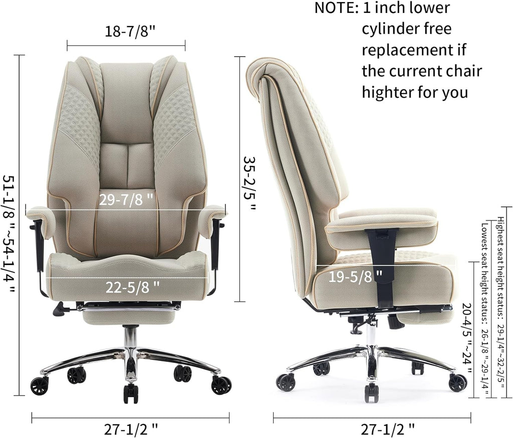 Large Tall Office Chair 400 lbs Wide Seat, Leather High Back Executive Office Chair with Footrest, Ergonomic Office Chair Lumbar Support to Relieve Lower Back Pain (Beige)