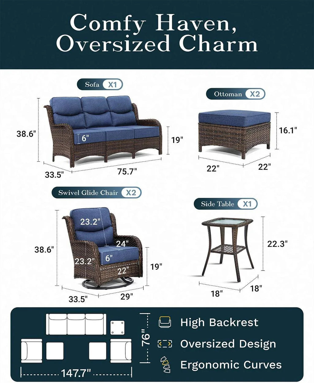 Outdoor Swivel Rocker Patio Chairs with 6-Inch Thick Cushions and Side Table, 3PCS High Back Wicker Patio Furniture Set for Porch, Balcony, Deck and Yard in Blue