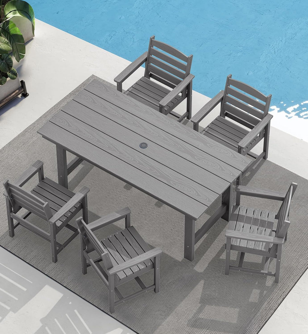SERWALL 7-Piece Patio Table Set, Outdoor HDPE Dining Furniture with Umbrella Hole, All Weather Table and Chairs for Lawn, Garden, Poolside, Aruba