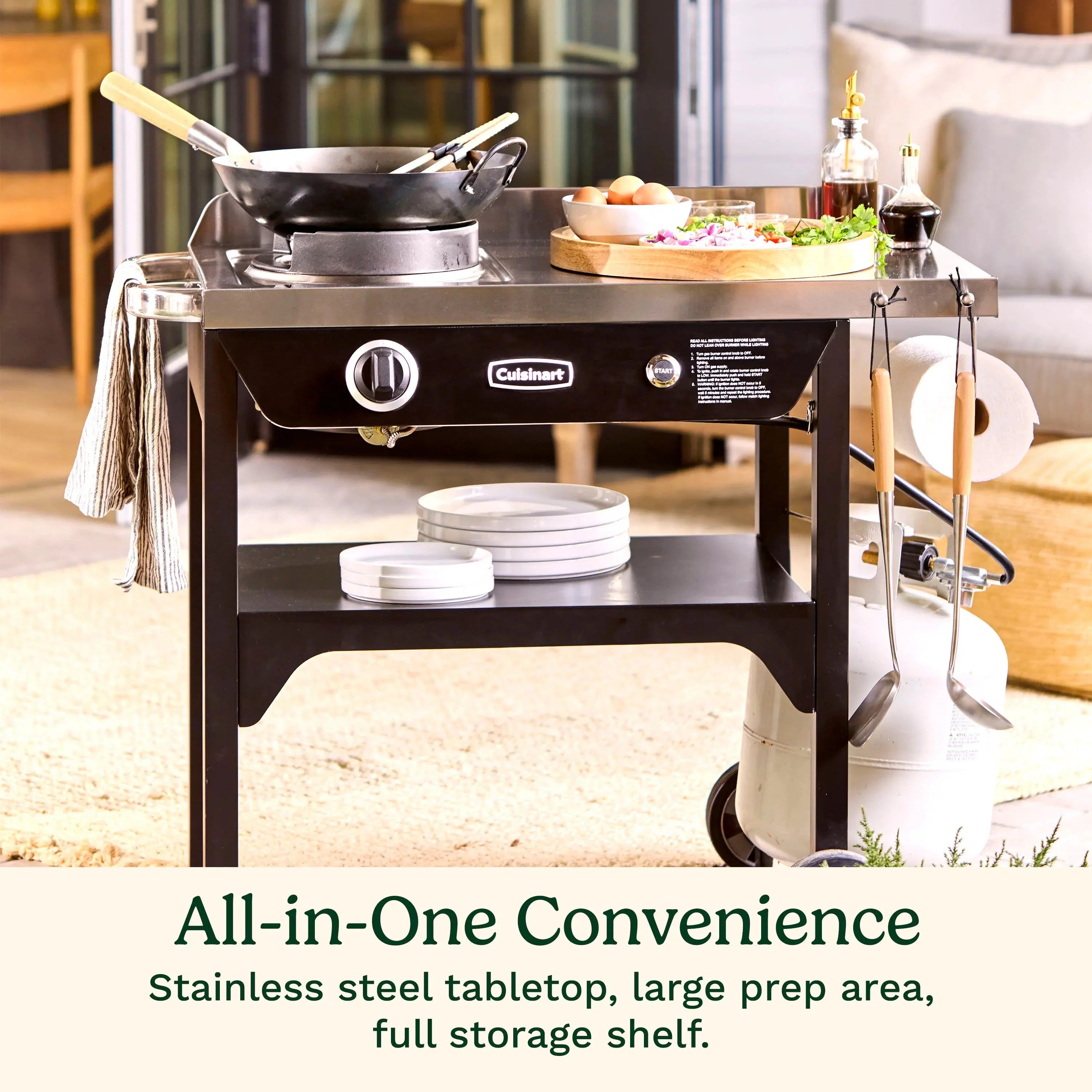 Cuisinart Outdoor Wok Station, 50,000 BTU Propane Outdoor Wok Burner w Prep Table, 14锟芥?锟斤拷 Carbon Steel Wok for Stir Fry, Searing, BBQ 锟斤拷 Black