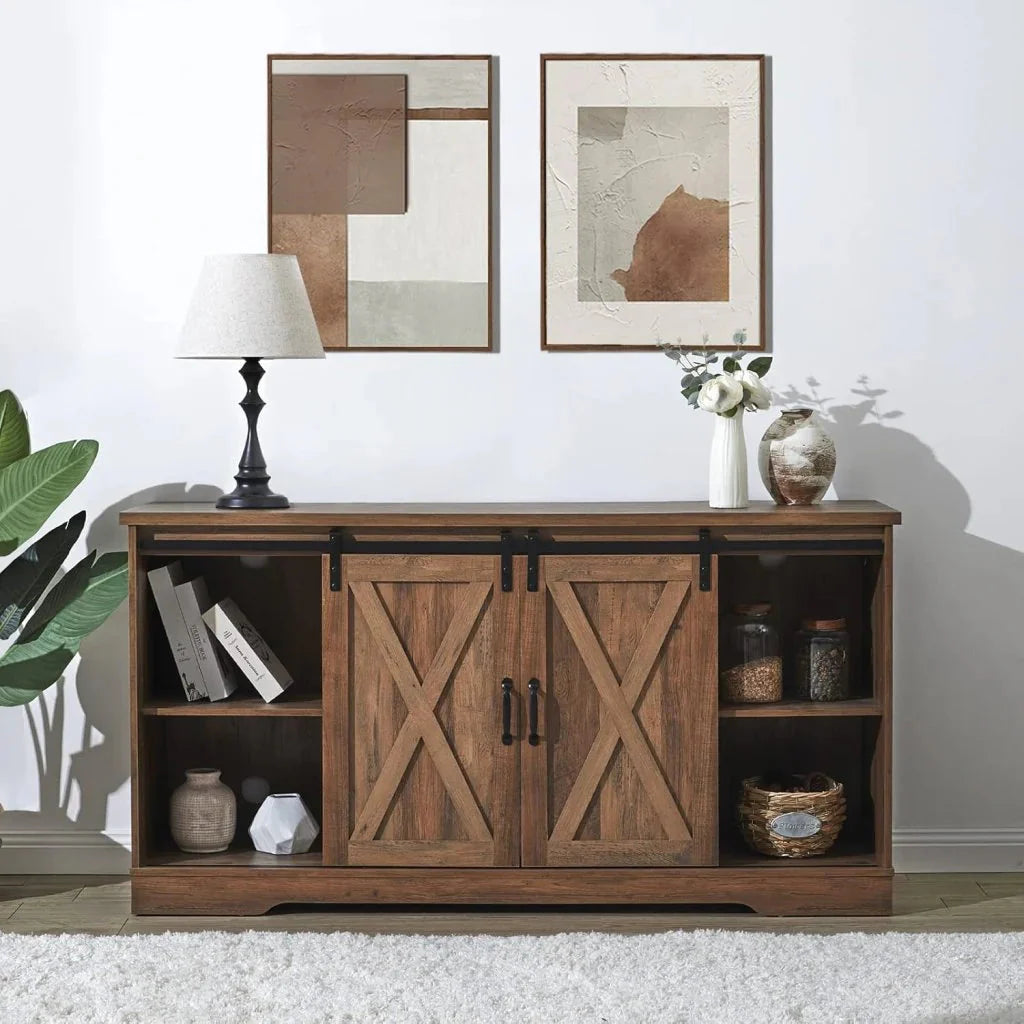 AMERLIFE Fireplace TV Stand with Sliding Barn Door for TVs up to 73, Farmhouse 63 Fireplace Entertainment Center with Storage Cabinets/Adjustable Shelves