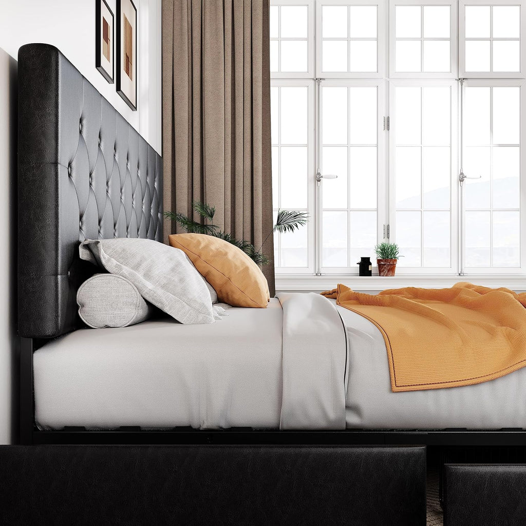 Allewie Upholstered Queen Size Platform Bed Frame with 4 Storage Drawers and Headboard, Square Stitched Button Tufted, Mattress Foundation with Wooden Slats Support, No Box Spring Needed, Light Grey