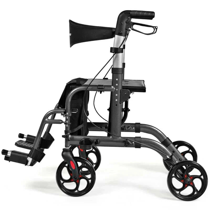 2 In 1 Rollator Walker Wheelchair Folding Medical Walker Aluminum Transport Chair Mobility Walking Aid - Comfortable And Ergonomic Design