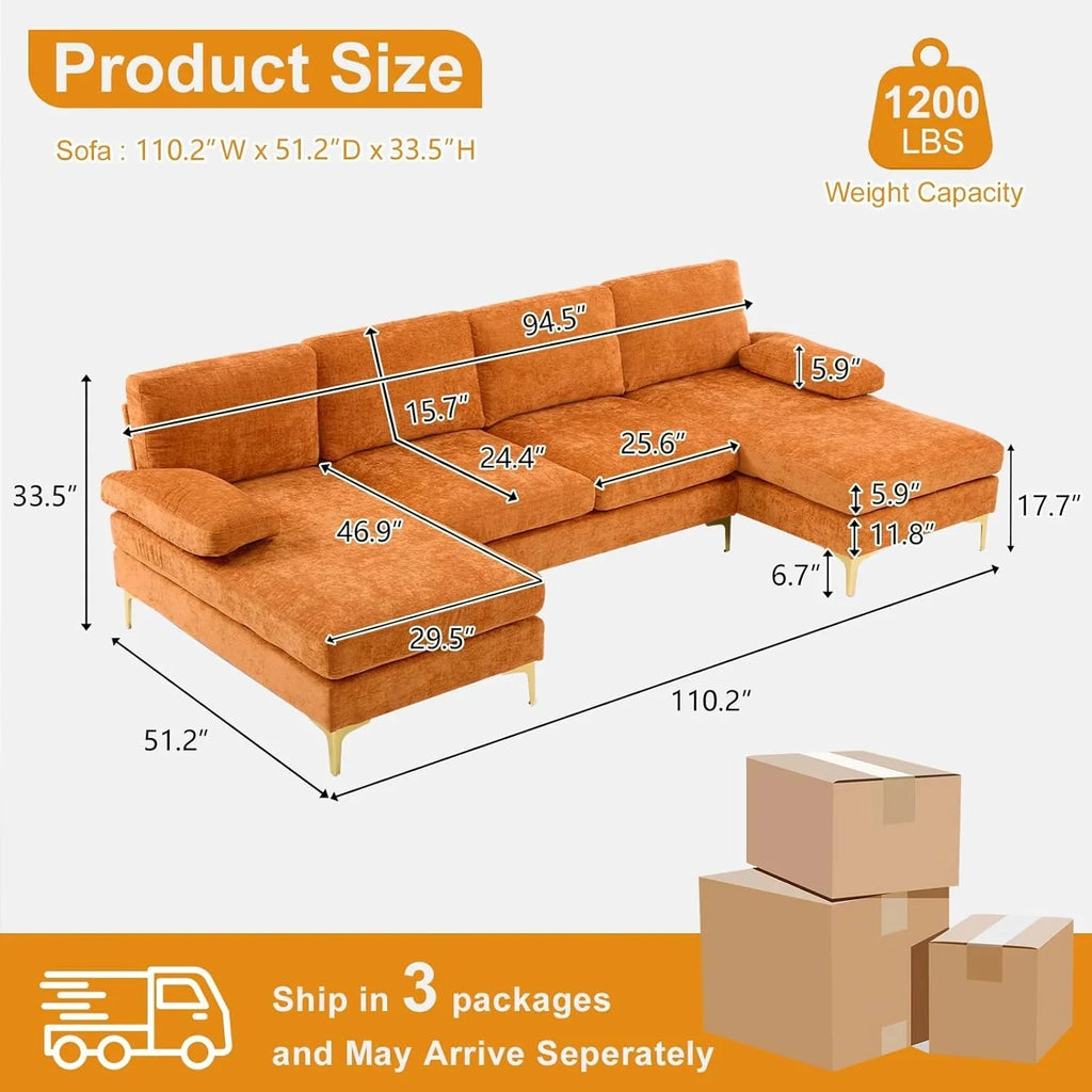VINGLI 110 Sectional Couches for Living Room,U Shaped Couch with Double Chaise, 4-Seat Sofa Set with Chenille Fabric for Home Furniture,Beige