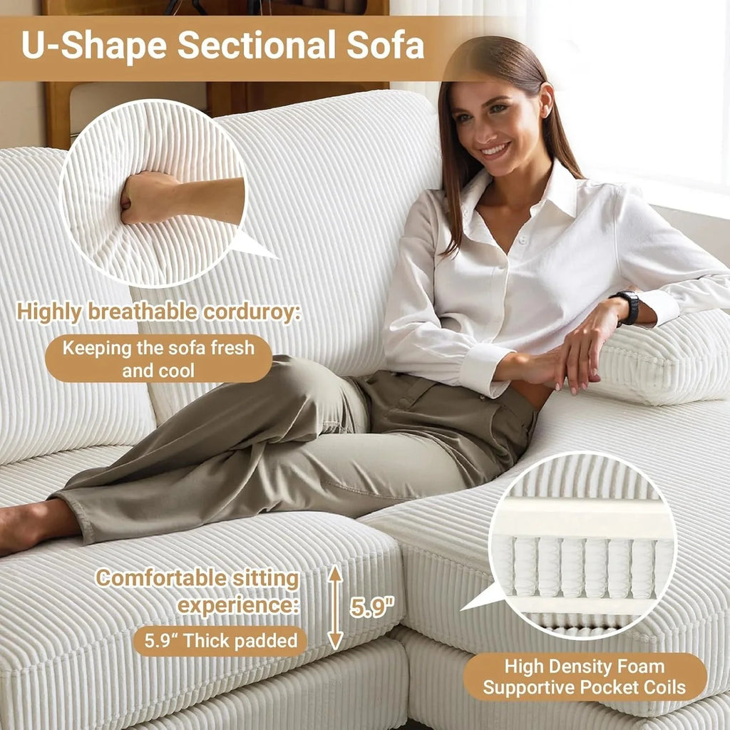 VINGLI 110 Sectional Couches for Living Room,U Shaped Couch with Double Chaise, 4-Seat Sofa Set with Chenille Fabric for Home Furniture,Beige