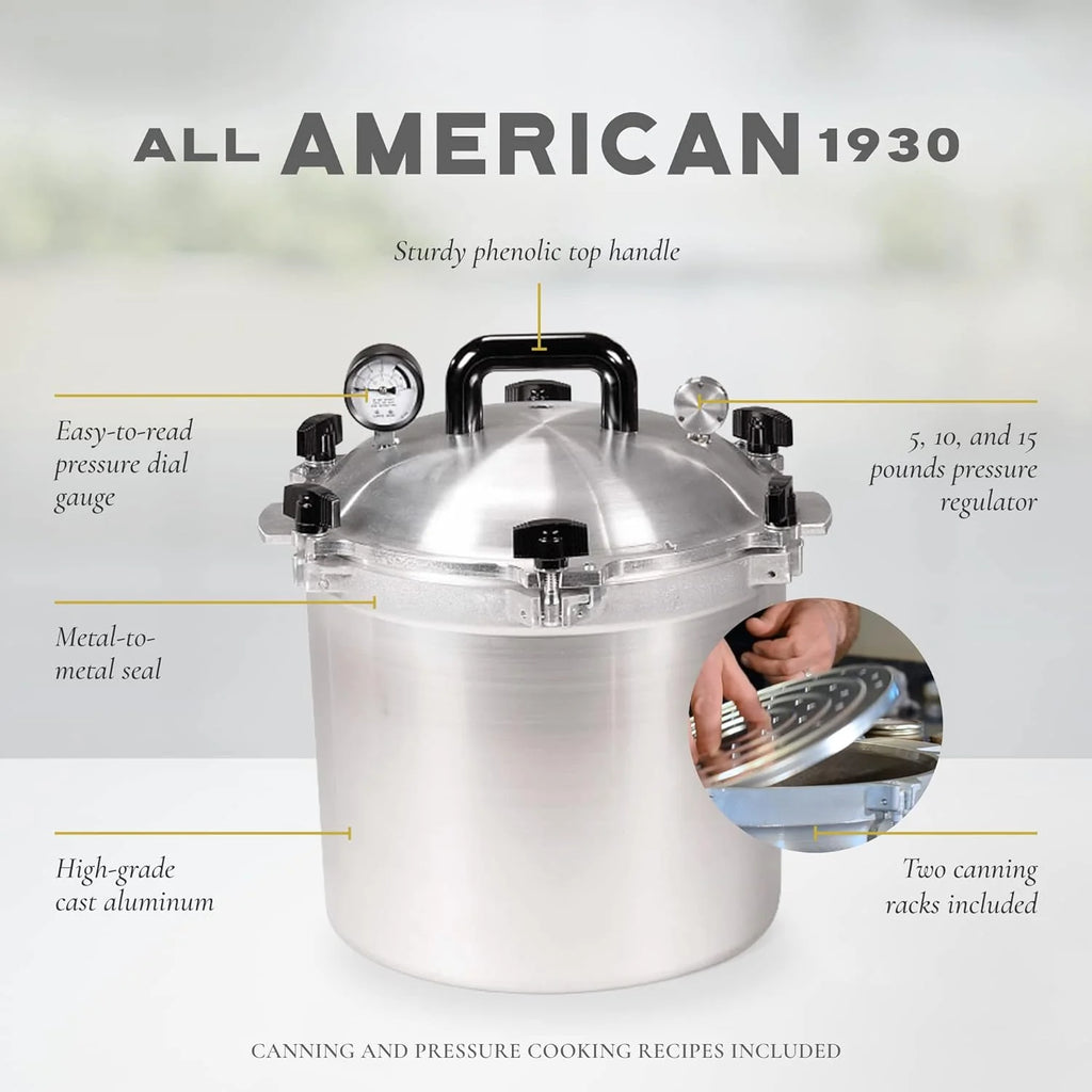 All American 1930: 21.5qt Pressure Cooker/Canner (The 921) – Exclusive Metal to Metal Sealing System – Easy to Open & Close – Suitable for Gas, Electric, or Flat Top Stoves – Made in the USA