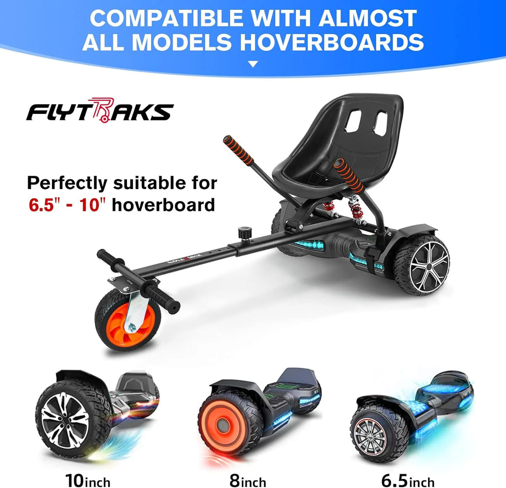 Hoverboard Go Kart with Rear Shock Absorption, Hoverboard Seat Attachment Accessory for 6 to 10 Hoverboard, Adjustable Frame Length & Off-Road Rubber Wheel (Not Including Hoverboard