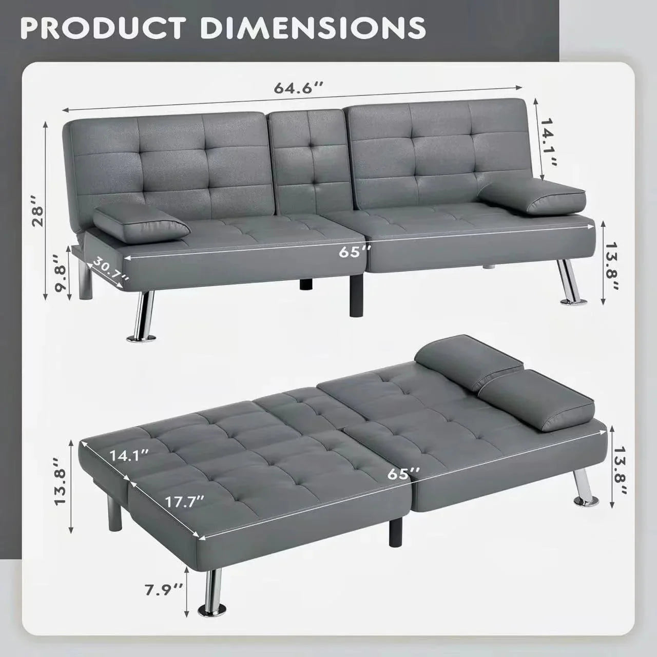 Homall Futon Sofa Bed, Leather Futon Couch with Removable Armrests, Adjustable Recliner Sleeper Sofa Bed with Dual Cup Holders for Living Room, Apartment, Office (Black)